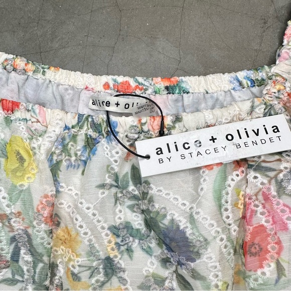 Alice & Olivia Rowa Floral Embroidered Tiered Puff-Sleeve Top Sz LG - Picture 8 of 9